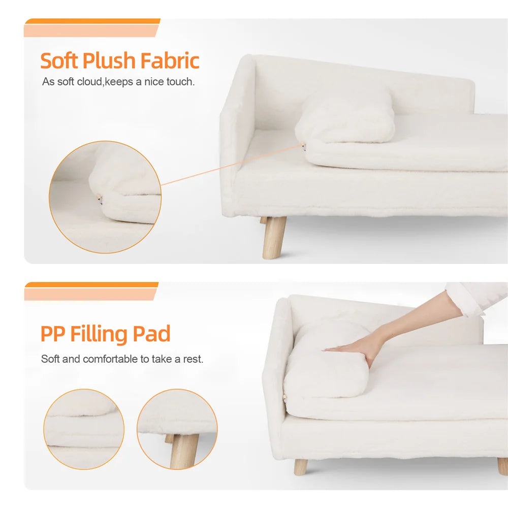 Luxury Elevated Dog Sofa Bed with Backrest Plush Cushion Wooden Legs Raised Dog Bed Lounger Chair for Small Medium Dog Cat Chair