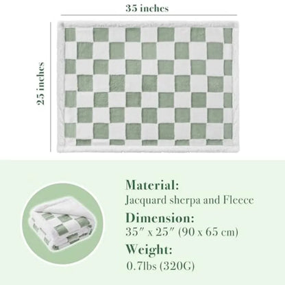 Checkered Dog Blanket, Sage Green Jacquard Sherpa Blankets for Small Dog and Cats, Cute Aesthetic Style Fluffy Fleece Pets Blan