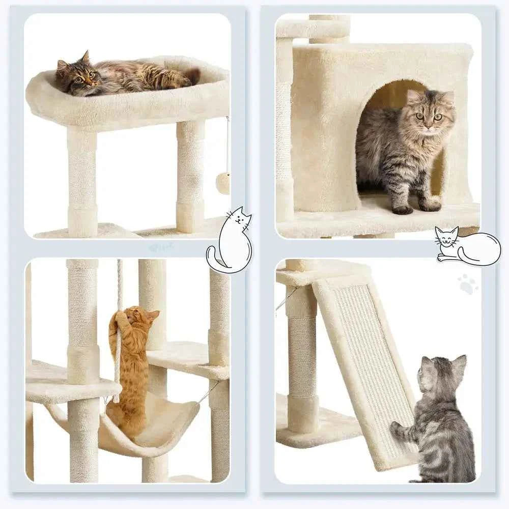 Cat Tree, 63 Inches MultiLevel Indoor Cat Play Structure with Scratching Posts, Hammock, and Dangling Ball