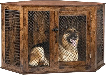 52" Corner Dog Crate Furniture – Wooden Kennel with Mesh Door & Corner Table Top
