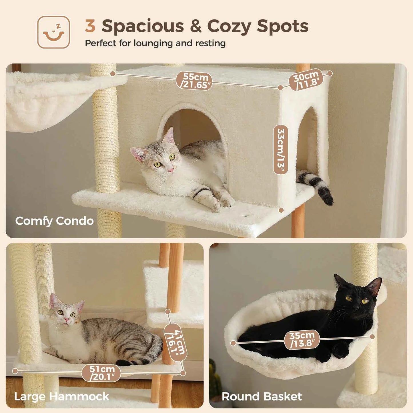 Multi-Level Cat Tree for Indoor Cats Tall Wooden Cat Tower with Sisal Scratching Post Spacious Hammocks Large Cat Condo Cat Toys