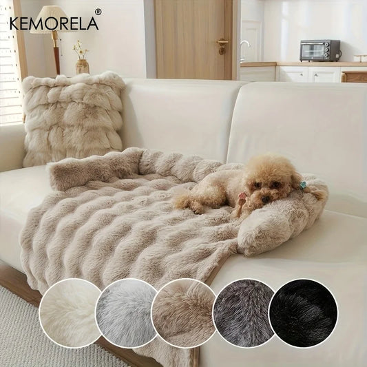 Thickened Warm Imitation Rabbit Fur Dog Bed Luxury Plush Pet Mattress with Pillow Scratch-Resistant Anti-Slip for Medium Dogs