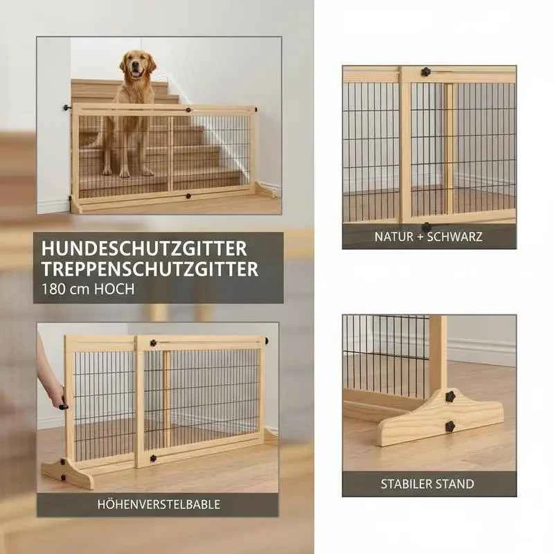 Freestanding Dog Gate, Foldable Pet Fence, Indoor Wood Barrier, Stair Gate with Support Feet, for Doorway, Hallway, Small and Medium Dogs, 69H x 104-183 cm, Natural Wood Finish