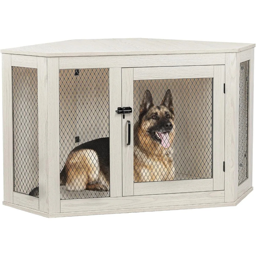 52" Corner Dog Crate Furniture – Wooden Kennel with Mesh Door & Corner Table Top