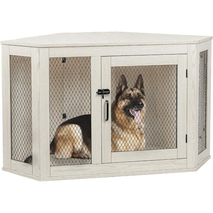 52" Corner Dog Crate Furniture – Wooden Kennel with Mesh Door & Corner Table Top
