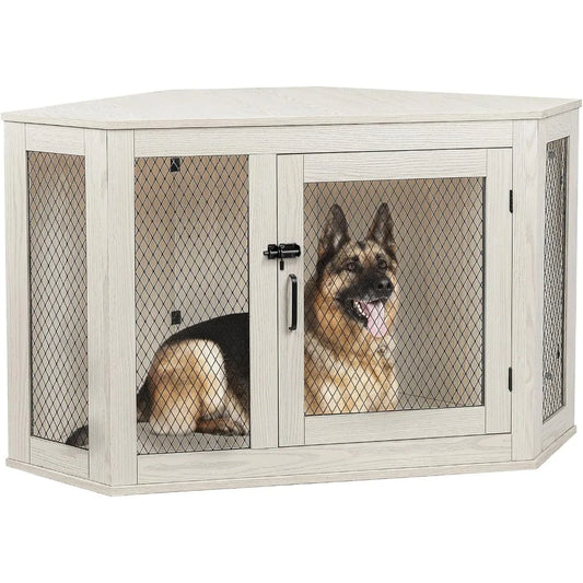52" Corner Dog Crate Furniture – Wooden Kennel with Mesh Door & Corner Table Top