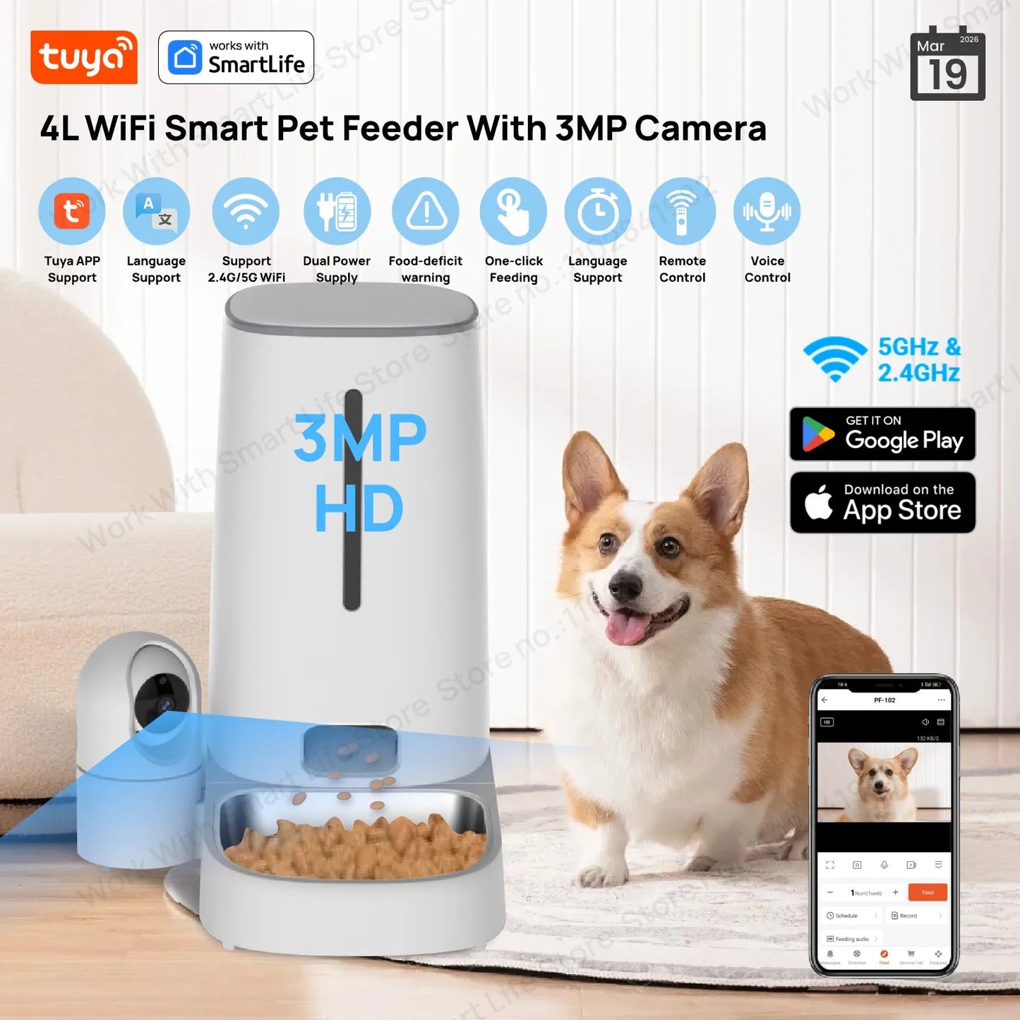 Tuya Smart Cat Food Dispenser Dog Feeder with Camera 2.4G WiFi 4L Motion Detection 3MP HD,Timed,MotionTracking Pet Feeder