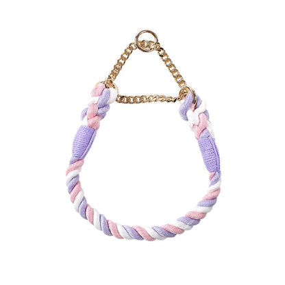 Dog Collar P Chain Comfortable Cotton Dog Collars Adjustable Braided Cotton Multi-Color Rope Collar with Durable Metal Dog Chain