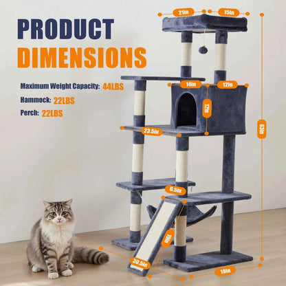 JHK 63In Cat Tree Tall Multi-Cat Climbing Tower for Pet Furniture Natural Sisal Scratching Posts Stable Pet House for Indoor Cat