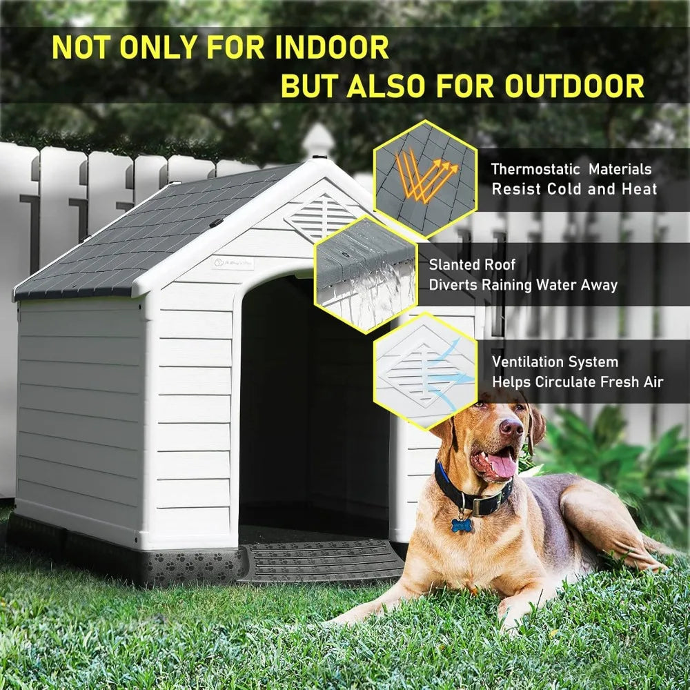 Waterproof Plastic Dog House – Indoor Outdoor Kennel with Elevated Floor for All Sizes