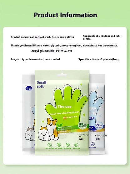 Pet Unwashed Gloves, Dog Bath Deodorizing, Cat Puppy and Kitten Dry Cleaning, Paw Wet Wipes, Cleaning Supplies 6 Pieces