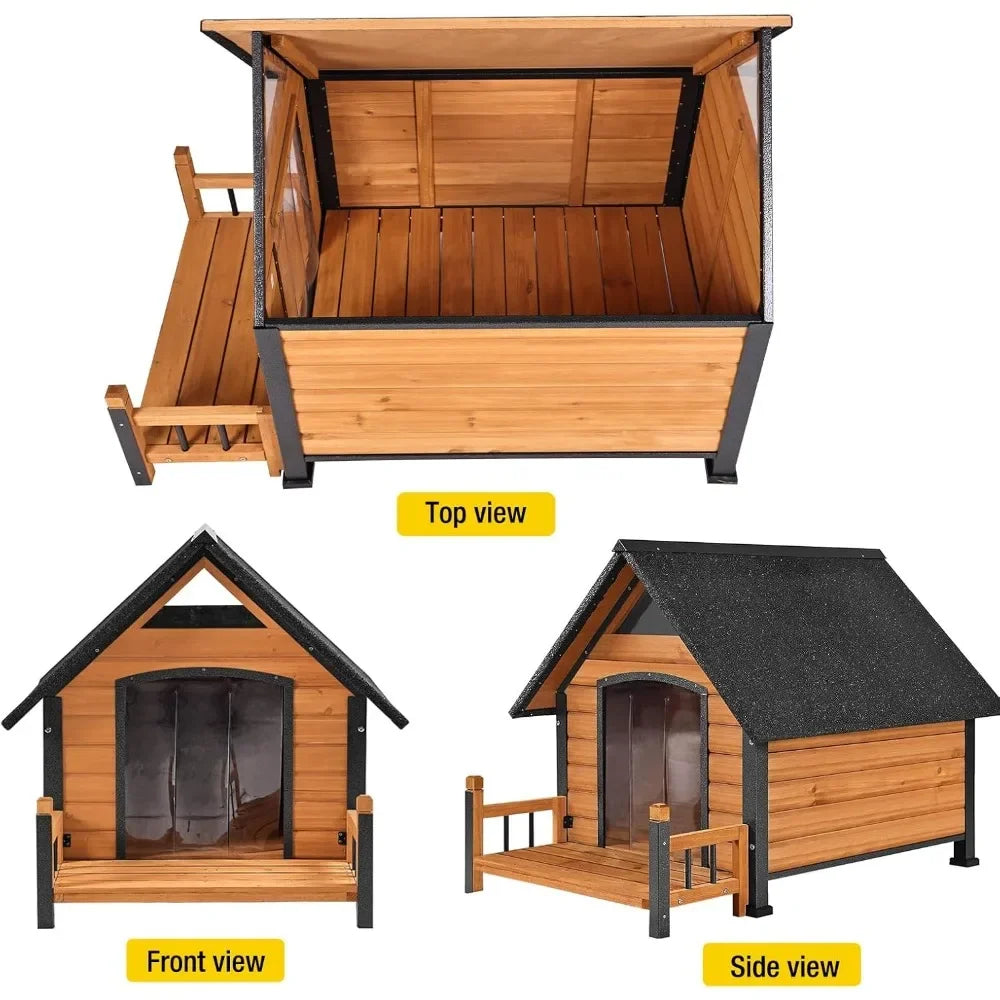 Weatherproof Outdoor Dog House for Large Breeds – Wood & Anti-Chew Iron Frame
