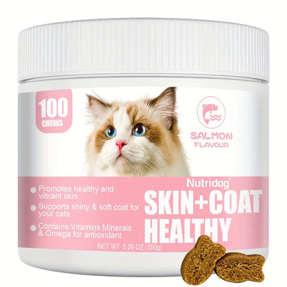Nutridog Omega Skin And Coat Soft Chew -Omega 3 Fish Oil Skin And Coat Supplement - Shedding, Support Healthy Shiny Hair-Salmon Flavor-120 Chews-For Cats- Lysine Health Chews
