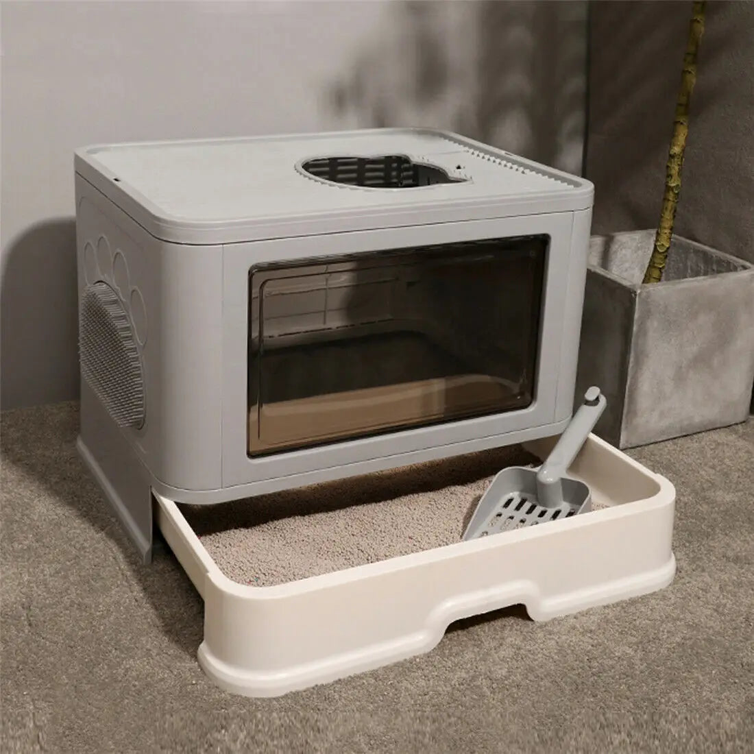 Enclosed Foldable Cat Litter Box – Dual Entry with Massager & Litter Scoop