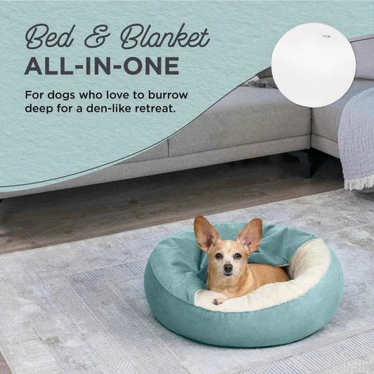 Cozy Cuddler Ilan Covered Cat and Dog Bed with Attached Blanket, Tide Pool Blue, 24x24