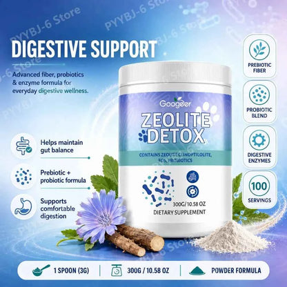 Zeolite Powder with FOS Prebiotic Fiber Probiotics & Digestive Enzymes Daily Gut Balance Supplement 300g 100 Servings
