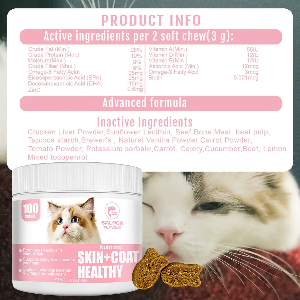 Nutridog Omega Skin And Coat Soft Chew -Omega 3 Fish Oil Skin And Coat Supplement - Shedding, Support Healthy Shiny Hair-Salmon Flavor-120 Chews-For Cats- Lysine Health Chews