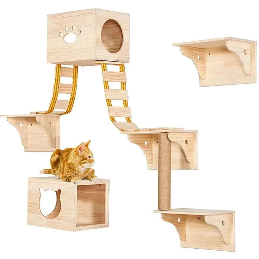 Wooden Wall-Mounted Cat Climbing Set with 2 Houses, 4 Shelves, 2 Ladders, and 1 Scratching Post