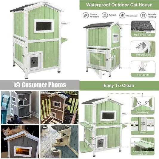 Weatherproof Two-Story Wooden Outdoor Feral Cat House – Openable Roof & Escape Door (Green/White) - Bdba PK