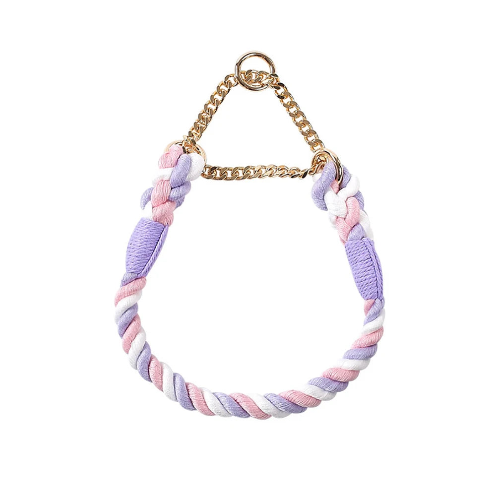 Dog Collar P Chain Comfortable Cotton Dog Collars Adjustable Braided Cotton Multi-Color Rope Collar with Durable Metal Dog Chain