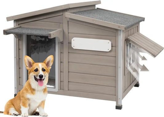 PetsCosset Outdoor Dog House – Anti-Chew Iron Frame Wooden Kennel with Waterproof Roof