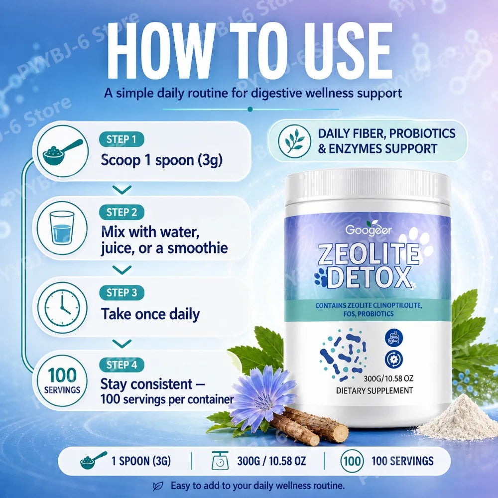 Zeolite Powder with FOS Prebiotic Fiber Probiotics & Digestive Enzymes Daily Gut Balance Supplement 300g 100 Servings