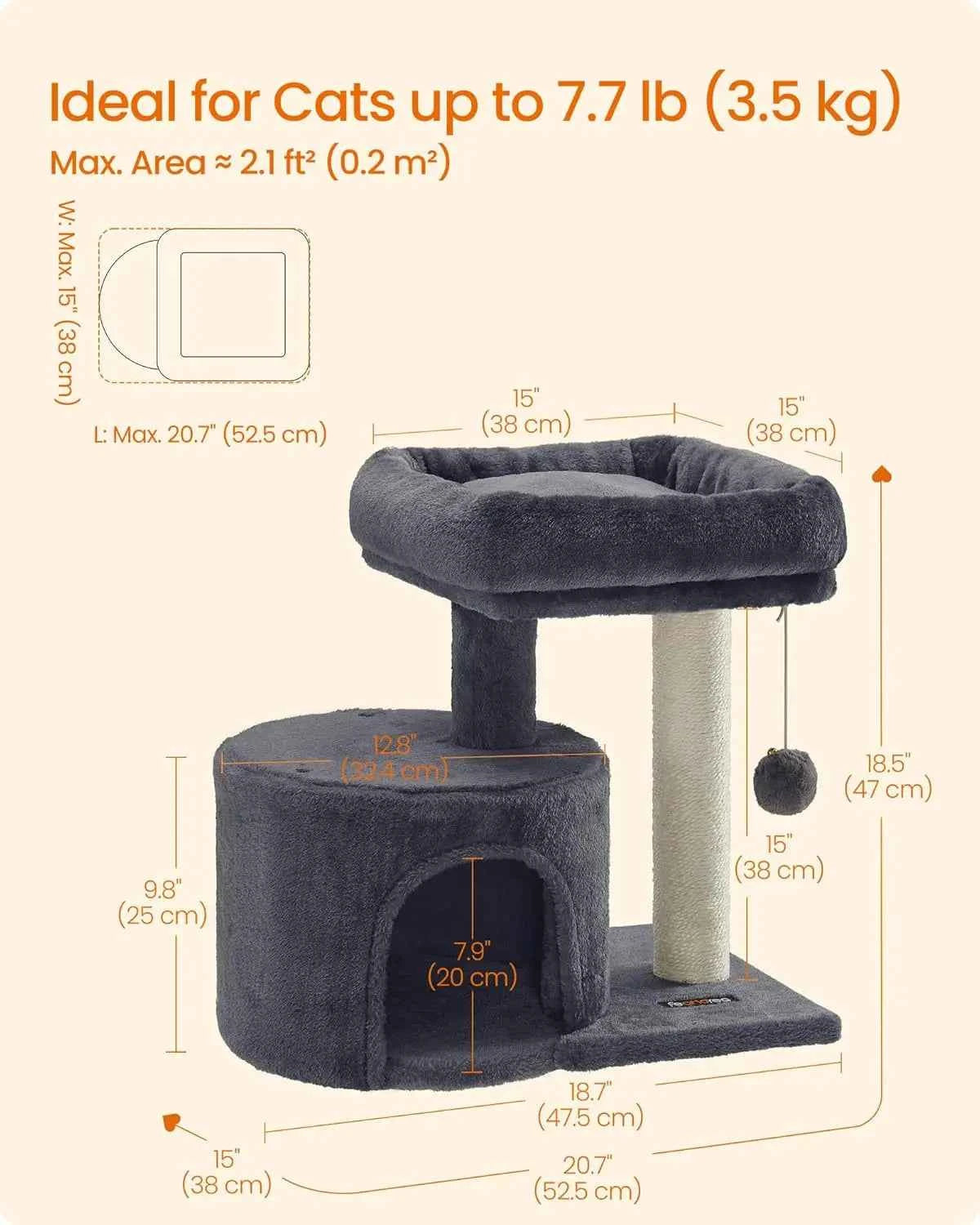 Cat Tree, Small Cat Tower with Sisal Scratching Post, Plush Condo with Padded Perch, for Small Spaces, Kittens, Smoky Gray UPCT5