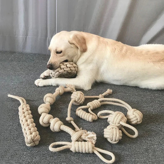 Dog and cat interactive toys with knots for teeth cleaning and chewing. Durable, knotted toys, for entertainment, pet supplies.