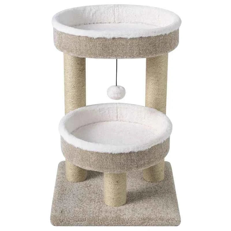 24" Cat Tower with 2 Plush Perches  Scratching Posts and Dangling Ball-Beige