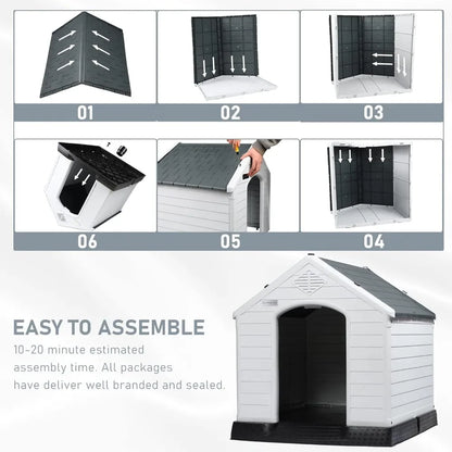 Waterproof Plastic Dog House – Indoor Outdoor Kennel with Elevated Floor for All Sizes