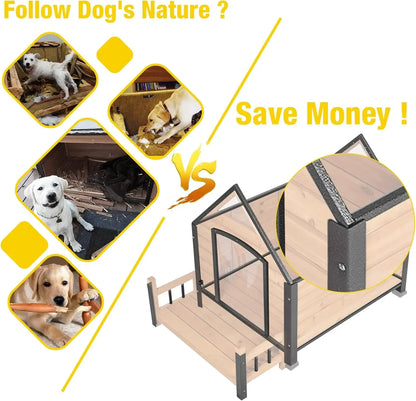 Weatherproof Outdoor Dog House for Large Breeds – Wood & Anti-Chew Iron Frame