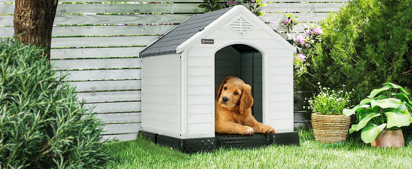 Waterproof Plastic Dog House – Indoor Outdoor Kennel with Elevated Floor for All Sizes
