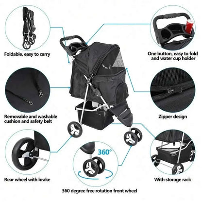 Dog Stroller 3 Wheels Pet Stroller Foldable Dog Cat Carrier Strolling w/Cup Hold