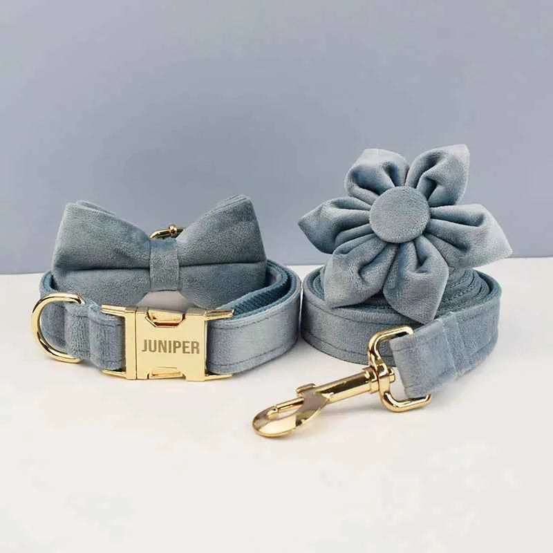 The Nordic Blue Velvet Dog Collar And Leash Set For Dogs Custom Engraved Nameplate Pet Supplies Dog Leash Flannelette18