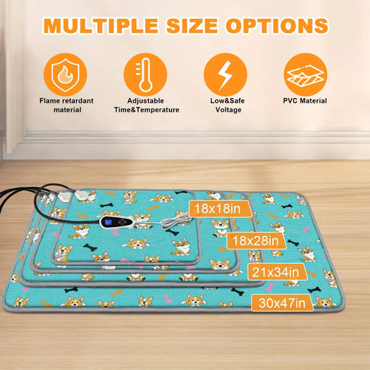 Dog Heating mat, Heating dog bed with Digital Display Switch, Pet Warming Mat with Machine-washable cover, Indoor Dog heating pad, Chew-resistant cord, Blue Dog Design. JUYHGV