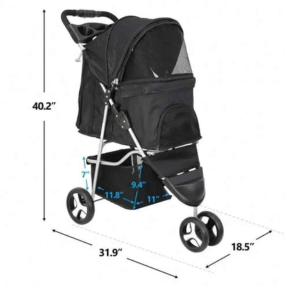 Dog Stroller 3 Wheels Pet Stroller Foldable Dog Cat Carrier Strolling w/Cup Hold