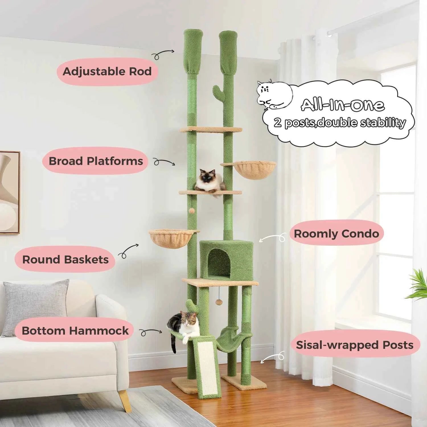 Floor to Ceiling Cat Tree for Indoor, Adjustable Height Tall Cat Tower with Sisal Scratching Post, Cozy Condo Hammock, Cat Toys