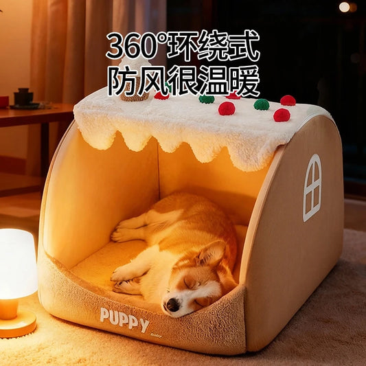 Warm Winter Semi-Enclosed Dog Bed Tent – Luxury Leather Cave for Large Dogs & Corgis (8 Variants) - Bdba PK