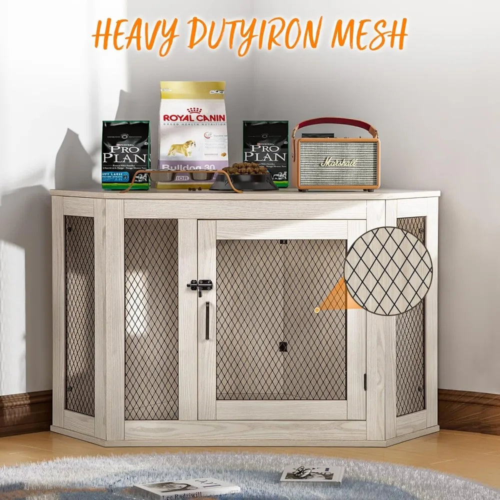 52" Corner Dog Crate Furniture – Wooden Kennel with Mesh Door & Corner Table Top