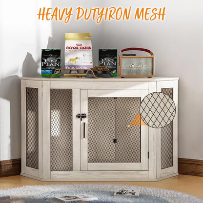 52" Corner Dog Crate Furniture – Wooden Kennel with Mesh Door & Corner Table Top