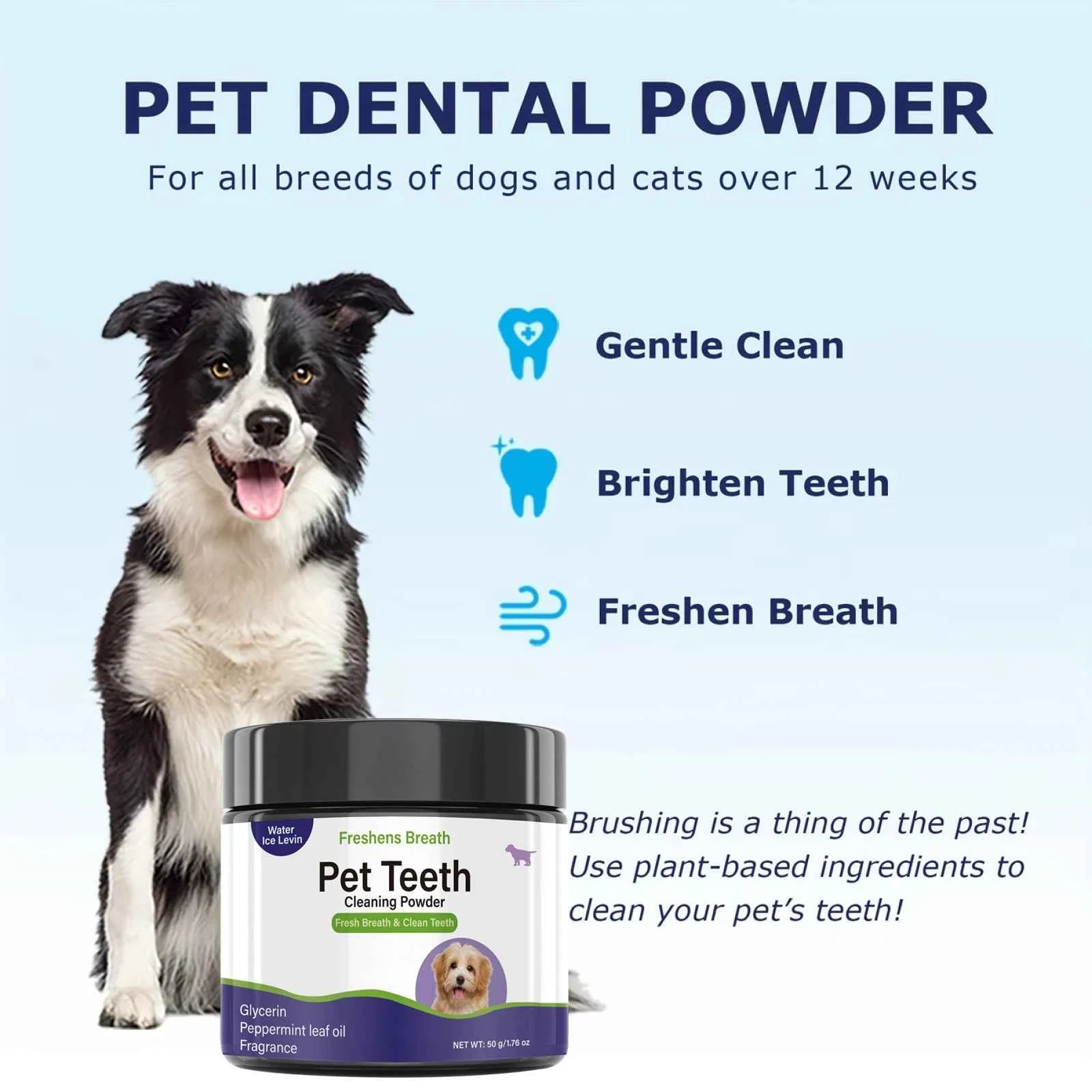 Pet Teeth Cleaning Powder for Dogs - Freshens Breath, Cleans Teeth with Peppermint Oil