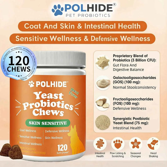 [90 Day Supply]120 Chews Yeast Probiotic For Dogs - Meat Flavor Soft Chews, Coat And Intestinal Health, Sensitive And Defensive Wellness, Pet Probiotic Supplement, All Ages Suitable