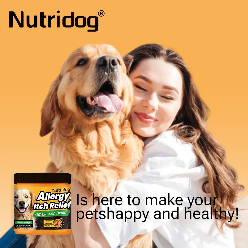 NUTRIDOG Dog Allergy Itch Relief Chews Omega-3 Vitamin C Support Skin For Dog Immune Health Supplement Nutrition 90 PCS/Bottle