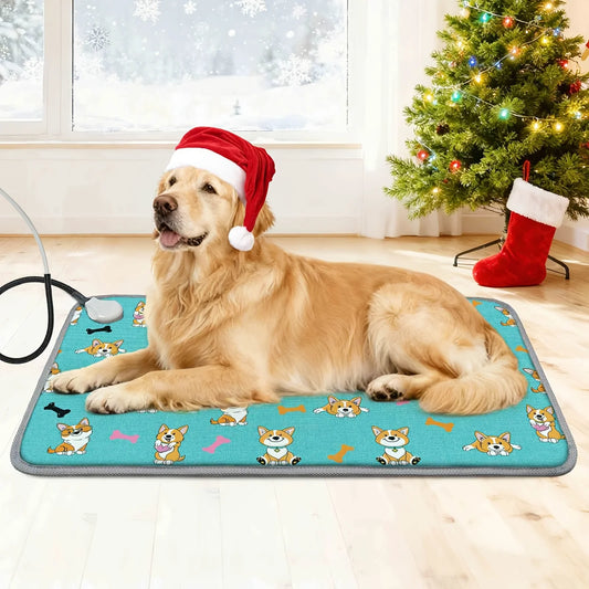 Dog Heating mat, Heating dog bed with Digital Display Switch, Pet Warming Mat with Machine-washable cover, Indoor Dog heating pad, Chew-resistant cord, Blue Dog Design. JUYHGV