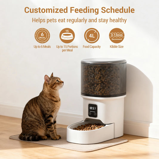 Programmable 4L Automatic Pet Feeder for Small Dogs Cats, Up to 6 Meals Daily, Timer/Portion Control, Pet Feeding Food Dispenser - Bdba PK