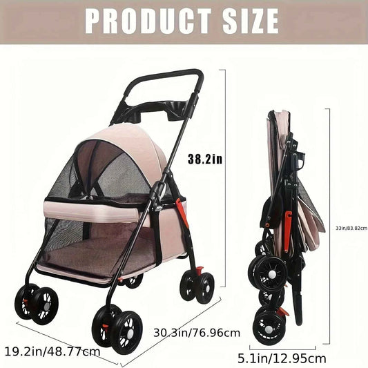 Spacious Pet Stroller for Dogs And Cats, Featuring Foldable Cage, Storage Basket, And Cup Holder Suitable for Small to Medium-Sized Dogs And Cats Four-Wheel Design (Black)