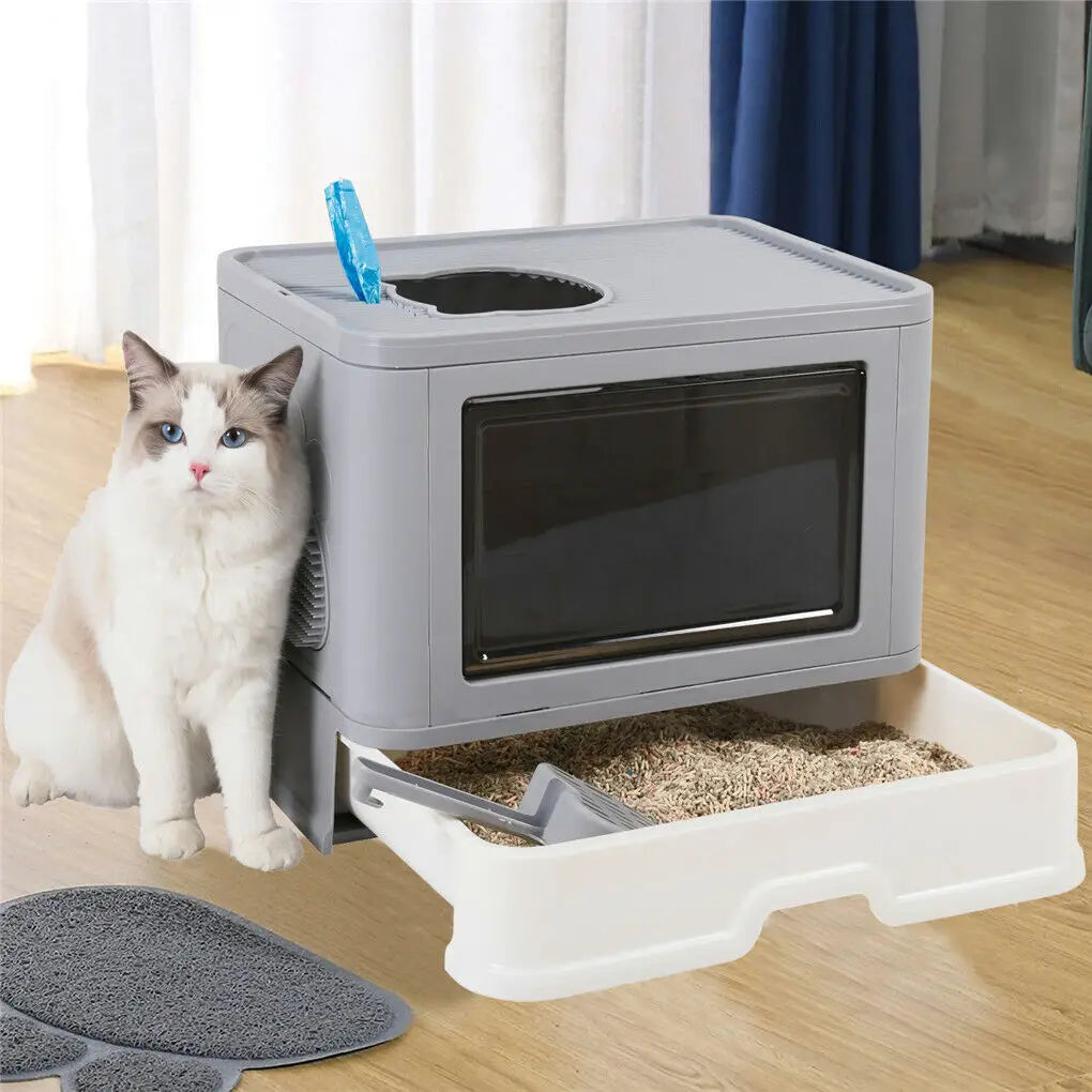 Enclosed Foldable Cat Litter Box – Dual Entry with Massager & Litter Scoop