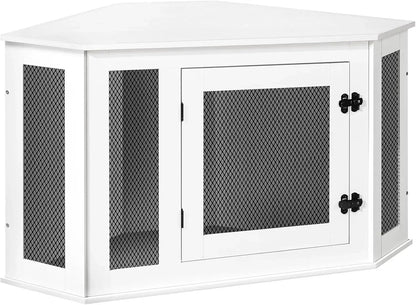 Corner Dog Crate Furniture, Wooden Dogs Kennel End Table, Decorative Pet Crate Indoor Use, Furniture Style Dogs House