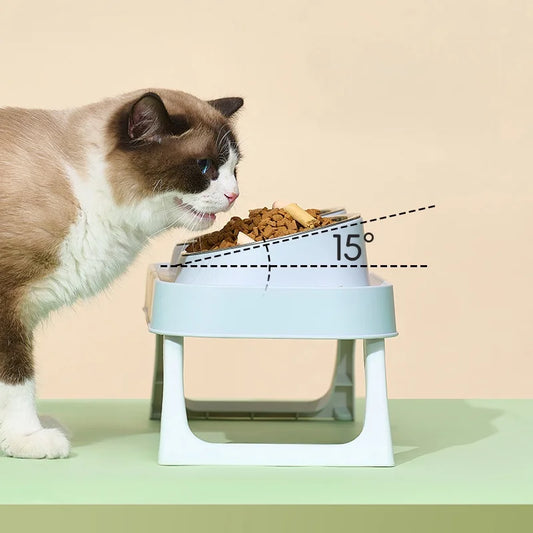 15° Elevated Pet Feeder: Portable Foldable Dual Stainless Steel Bowls with Non-Slip Base - Neck Support for Cats and Dogs - Bdba PK