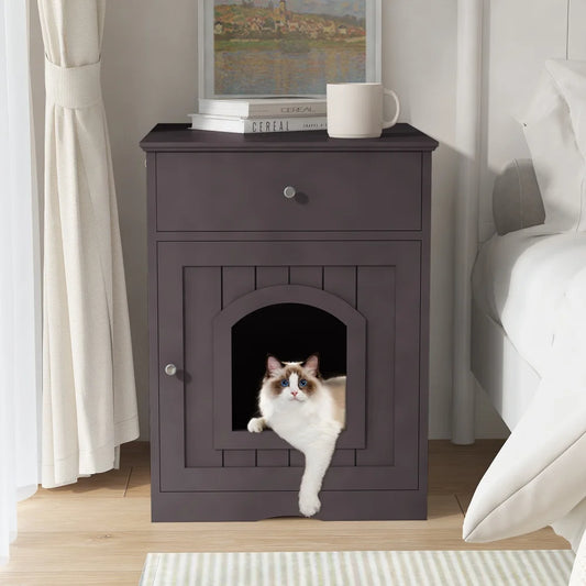 Wooden Brown Cat Litter Box Cabinet Furniture Enclosure With Drawer Side Table Pet House Nightstand For Indoor Cats Pet Toilet